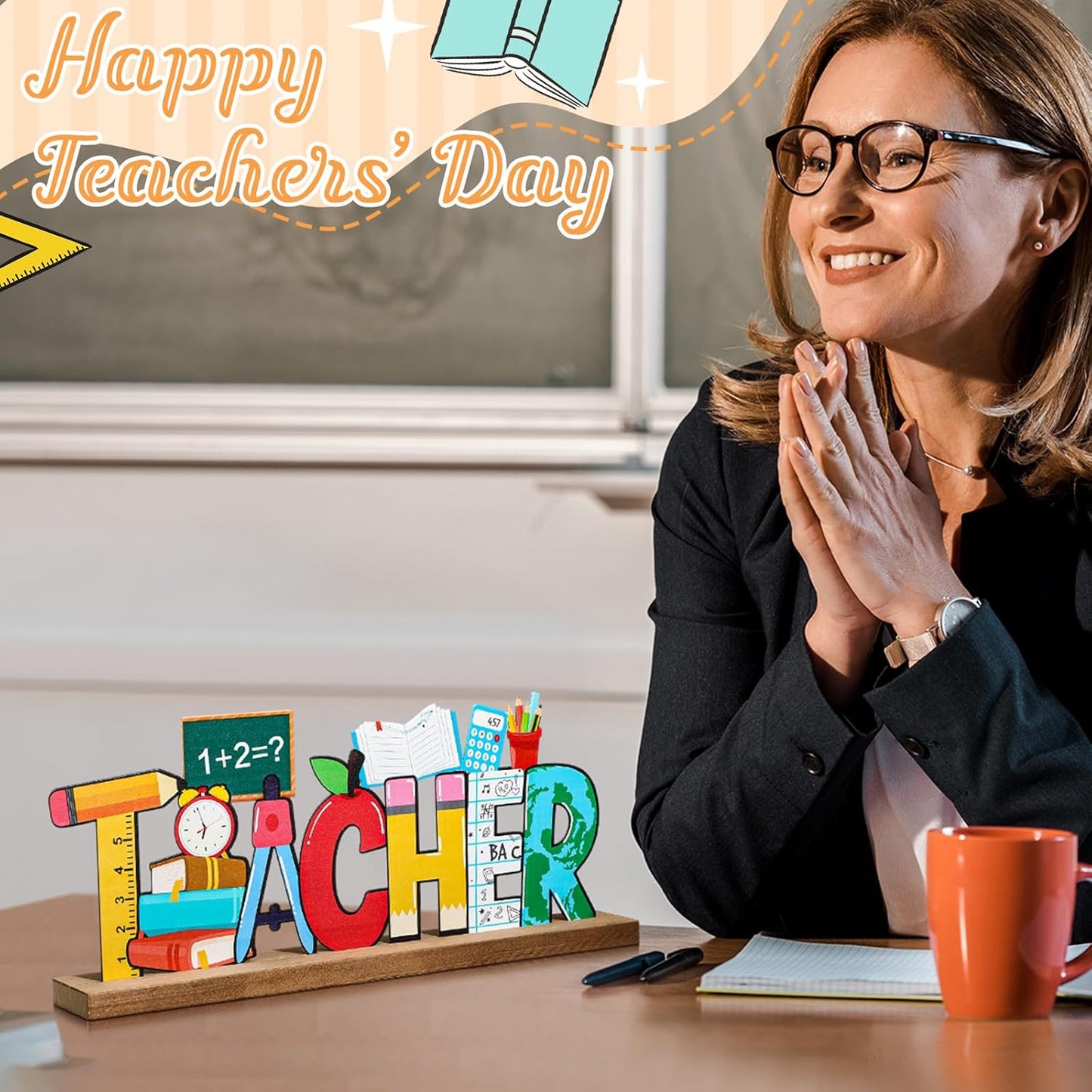 Back to School Metal Sign Teacher Appreciation Table Decor Holiday Tiered Tray Decor with Wooden Base Freestanding Metal Word Sign for Home Tabletop Centerpiece Mantel Shelf Fireplace