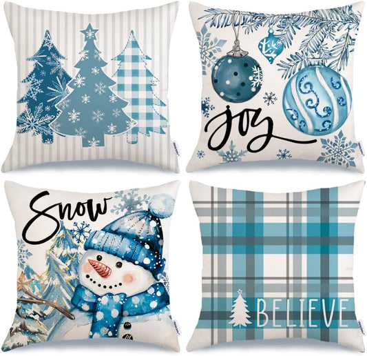 GEEORY Winter Christmas Throw Pillow Covers 16 x 16 Inch Set of 4, Xmas Trees Snowflake Snowman Joy Plaid Holiday Farmhouse Decorative Cushion Cases for Home Decoration G582-16