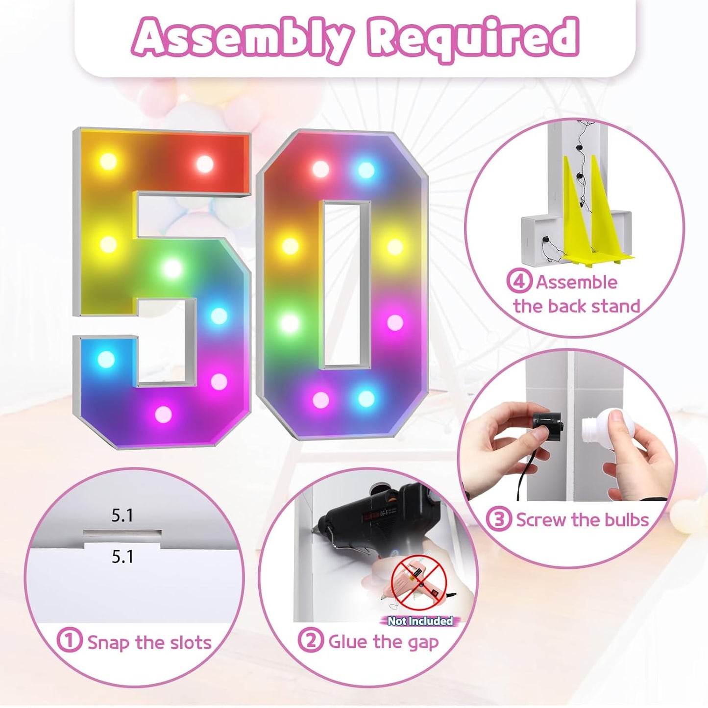 Marquee Numbers 50th-Birthday Decoration: Colorful 3FT Large Light Up 50 Year Old Birthday Decorations Anniversary Backdrop for Boys Girls Cardboard Sign 18 Colors Number 50 Mosaic Balloon Frame