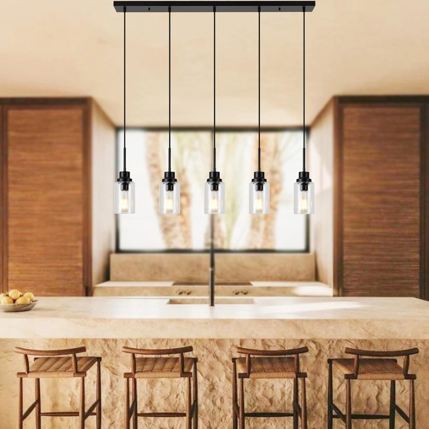 Black Dimmable Pendant Lighting for Kitchen Island, 5-Light Modern Pendant Lights for Kitchen Restaurant Living Room with Clear Glass Shade