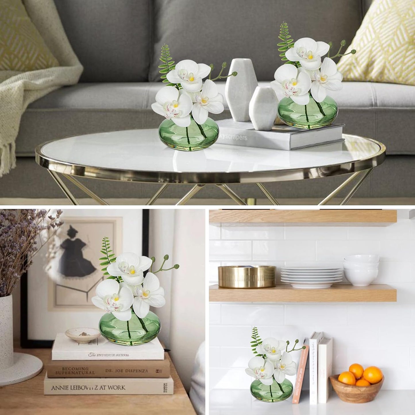White Orchids Artificial Flowers Faux Orchids Arrangement in Light Green Glass Vases Set of 3 Real Touch Phalaenopsis Orchid Flowers Small Fake Orchid Centerpiece for Dining Room Table