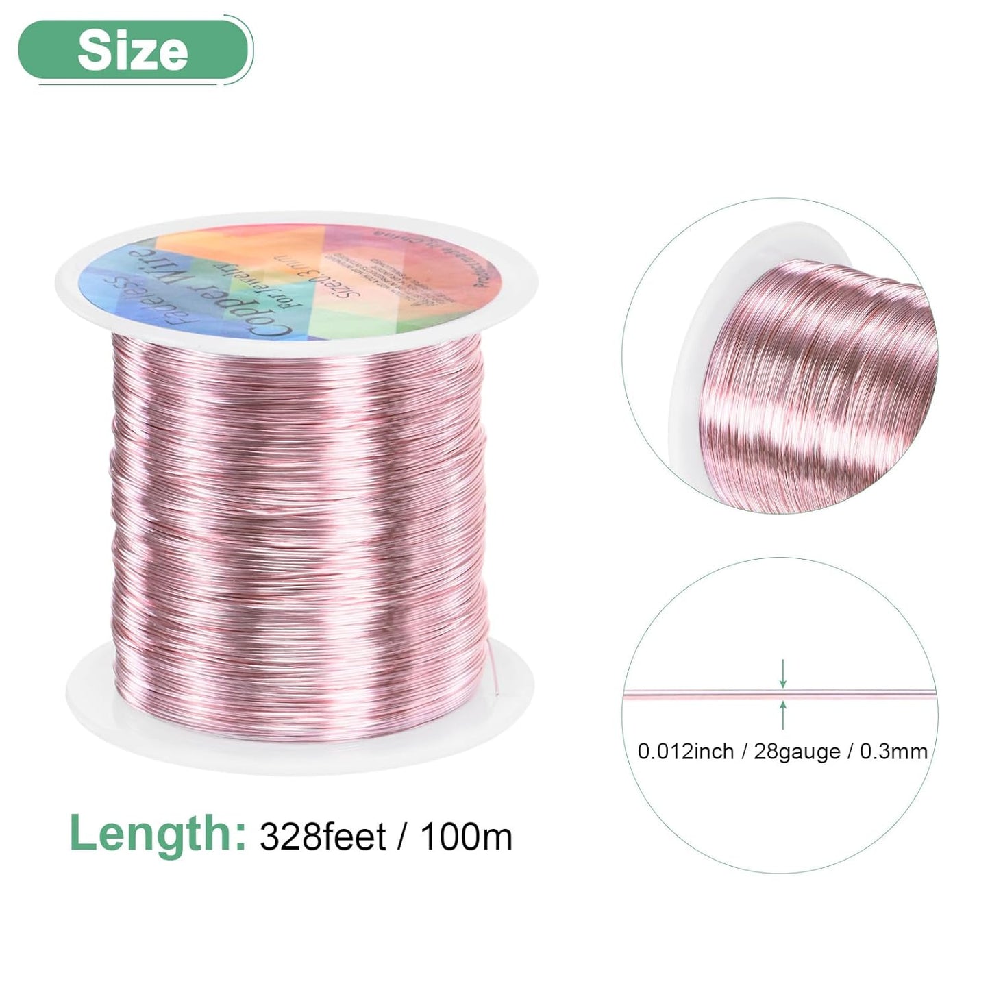 0.3mm Jewelry Wire, 28 Gauge 328FT Craft Wire Copper Beading Wire for Jewelry Making/Planting/Weaving/DIY Crafting, Soft Metal Wires [100M, Rose Golden]