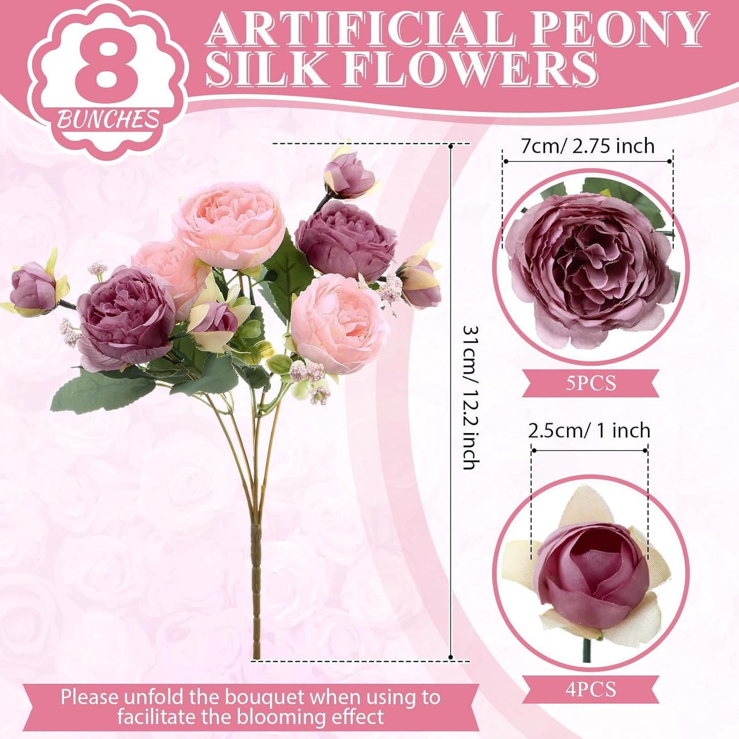 8 Bundles Artificial Peonies Flowers Boho Faux Flowers Arrangements Artificial Centerpiece Spring Bouquet Floral Wedding Decoration for Vase(Pink, Dark Pink)