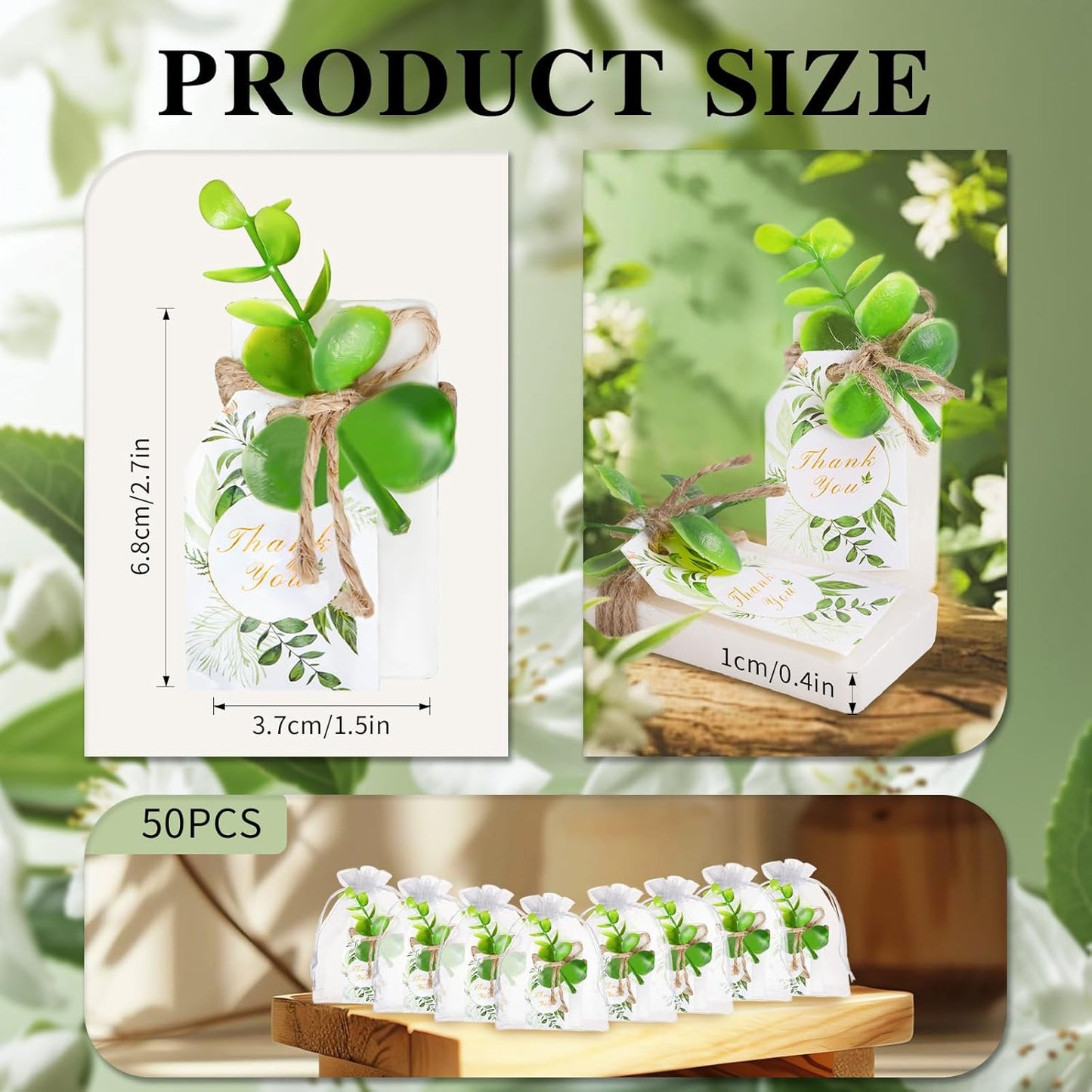 50PCS Handmade Soap Wedding Favor Natural Eucalyptus Handmade Soaps Soap Thank You Gifts Bridal Shower Favors Soaps for Baby Shower Party Spring Garden Decorations with Cards White Sandbags