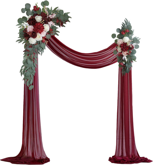 Burgundy Artificial Wedding Arch Flowers Kit (Pack of 3) with 26Ft Burgundy Shiny Arch Draping Fabric for DIY Wedding Party Ceremony Reception Backdrop Floral Decoration