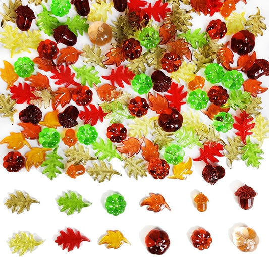 HappyFiller Fall Thanksgiving Autumn Harvest Decoration 135 Pcs Sensory Bin Filler,Small Acrylic Pumpkins,Acorns,Leaf Beads,Table Scatters Gems,Vase Fillers,Home Accents,Brown Yellow Orange Green Mix