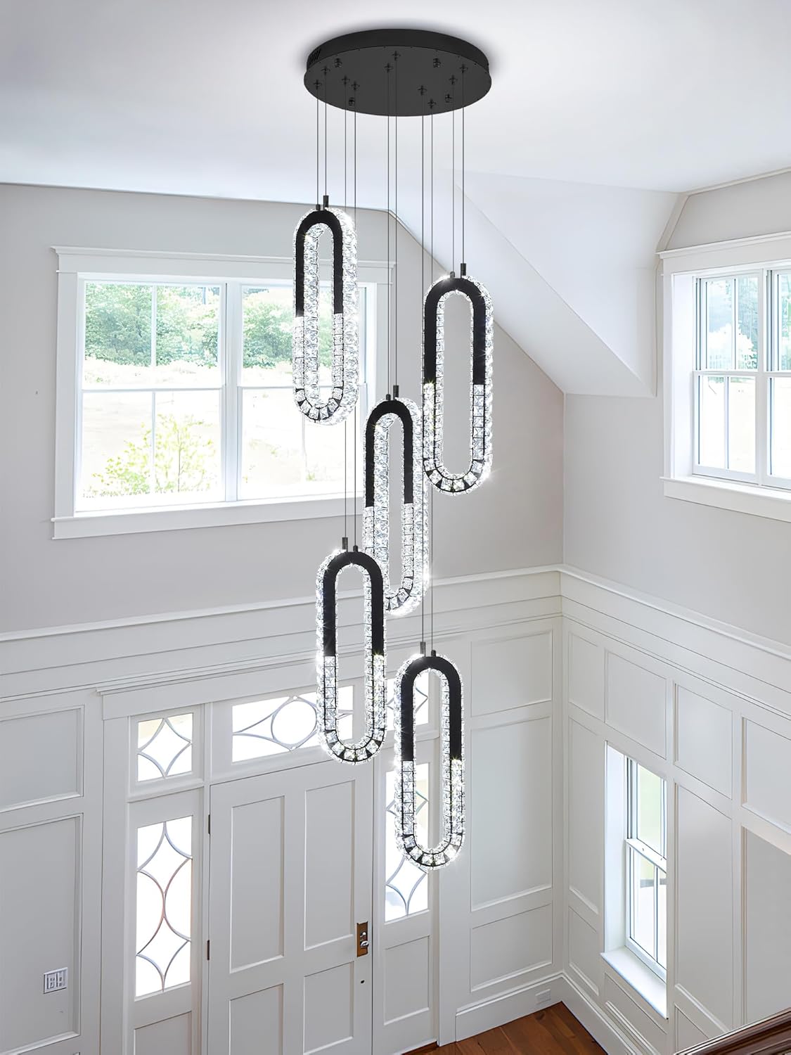 5 Rings Crystal Chandeliers for Staircase Large Pendants Light Fixture Black High Ceiling Chandelier for Entryway Bedroom Foyer 2700K-6000K