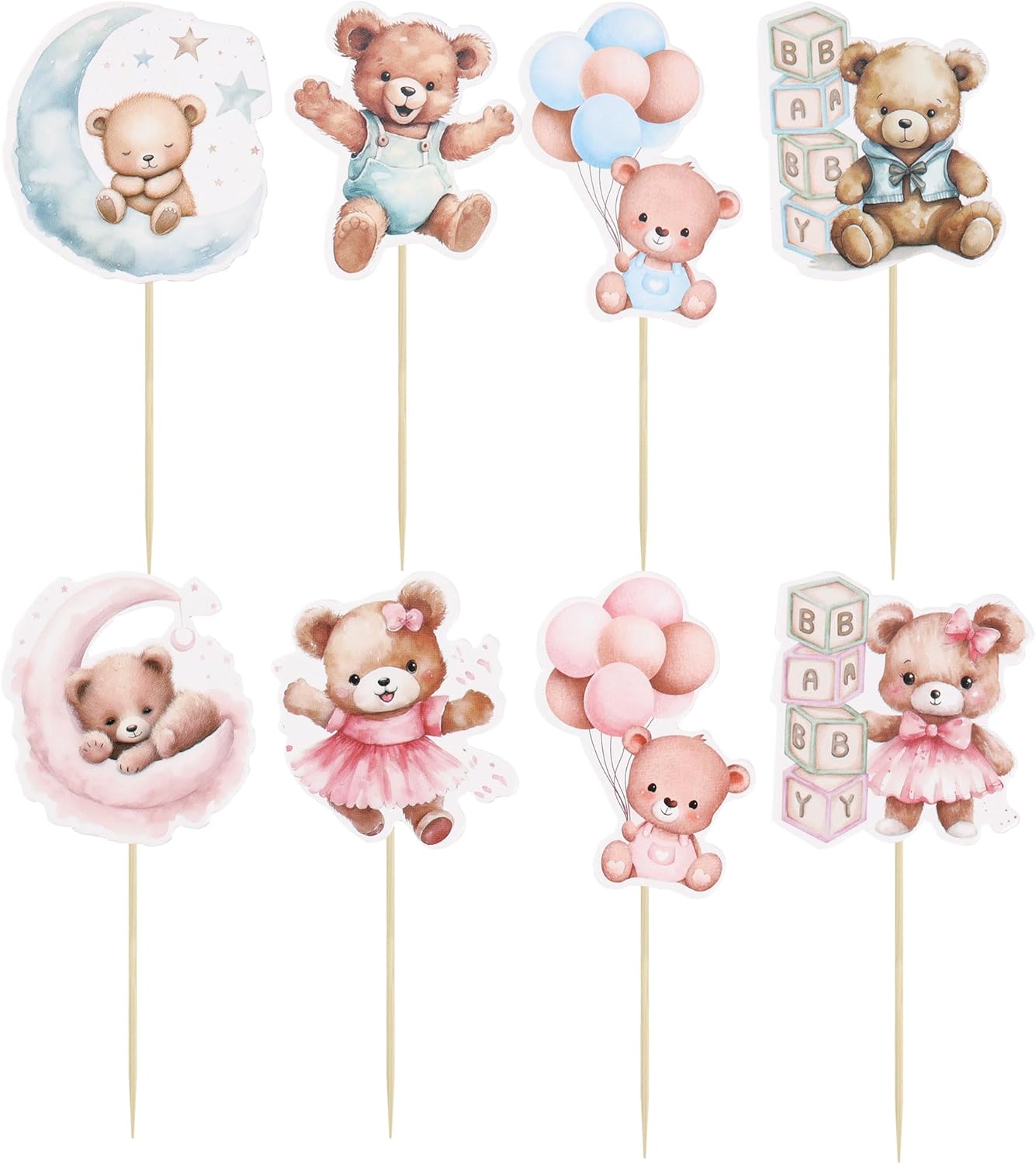 Gyufise 32Pcs Baby Shower Bear Cupcake Toppers Moon Baby Bear Baby Shower Cake Topper Decorations Jungle Animal Theme Birthday Party Cake Supplies Blue Pink