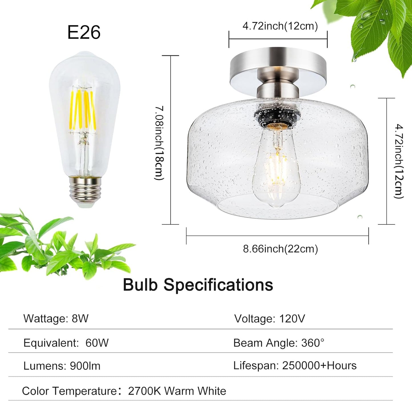 Semi Flush Mount Ceiling Light, Vintage Style - Clear Seeded Glass & Brushed Nickel with 900 Lumens LED Bulb Included, Suitable for Kitchen, Bathroom, Hallway, Bedroom, Entryway