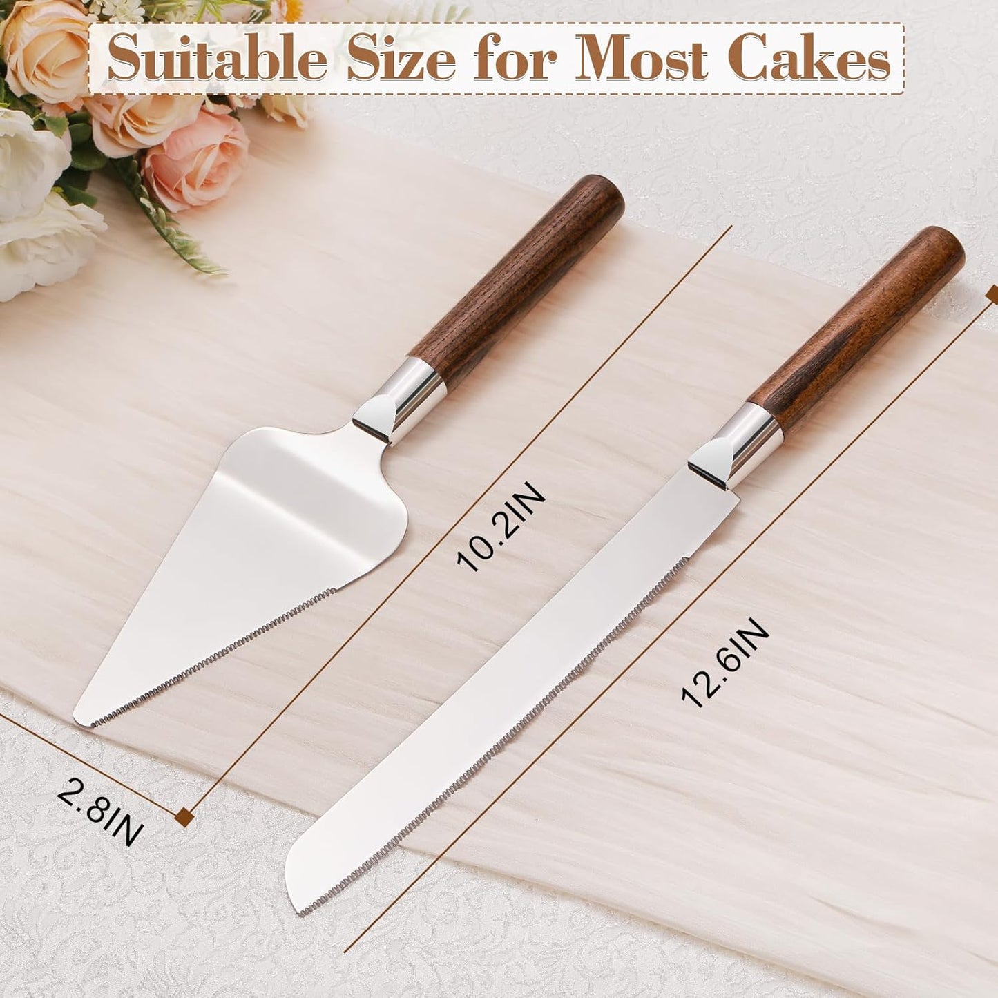Cake Cutting Set for Wedding, Wood Cake Knife and Server Set, Vintage Pie Cake Cutter, Silver Pizza Dessert Utensils Bridal Anniversary Birthday Quinceañera Gift (Original Wood)
