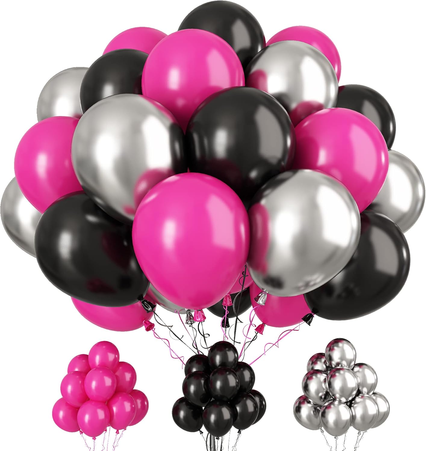 Paready Hot Pink and Black Balloons, 30 Pcs 12 Inch Black Hot Pink and Silver Latex Balloons with Ribbons for Girls Birthday Engagement Anniversary Wedding Bridal Shower Party Graduation Decoration