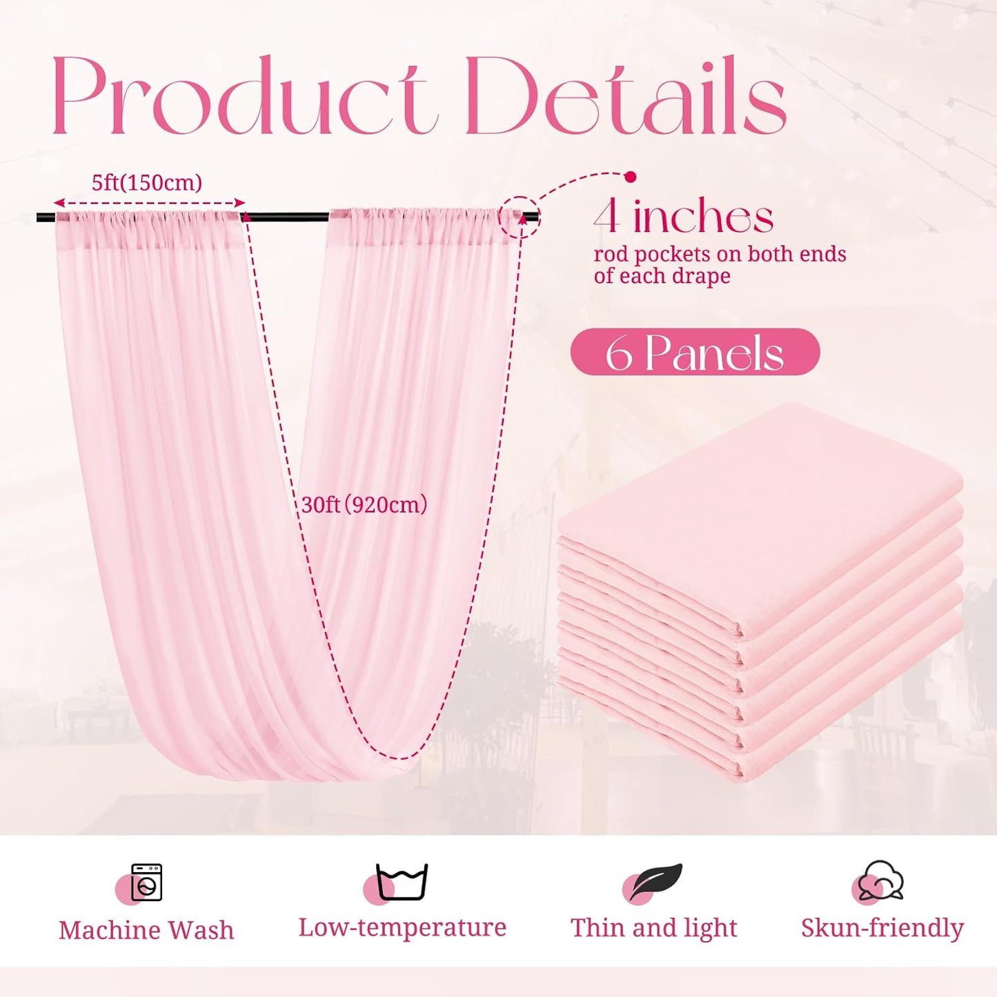 6 Panels Pink Ceiling Drapes for Wedding, 5ftx30ft Ceiling Drapes Cheesecloth Sheer Fabric Curtain Wedding Arch Draping Fabric Romantic Ceilings Decorations for Weddings Party Ceremony Stage