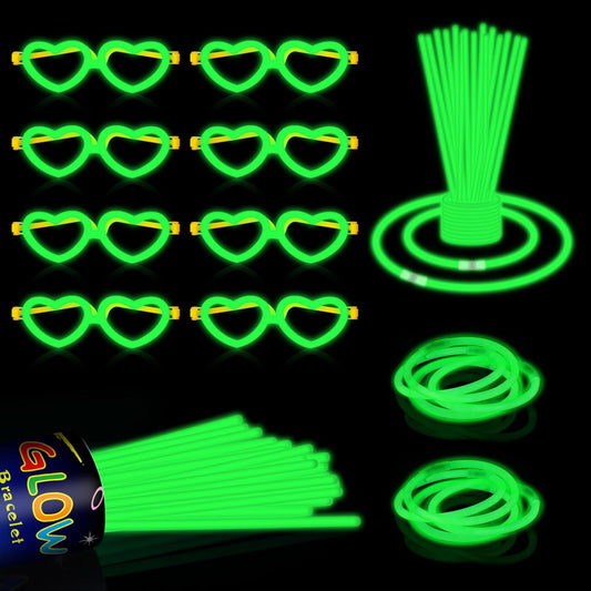 60 Pack 8” Green Glow Sticks Bulk Bright Glow Sticks with 60 Connectors 20 Heart Glasses Glow In The Dark Party Supplies Neon Party Decorations Glow Bracelet Glasses for Carnival (Green)