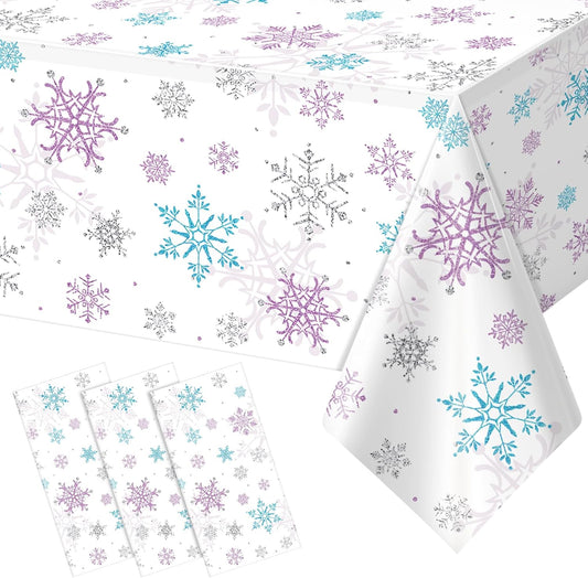 3 Pieces Christmas Snowflake Party Tablecloth Decorations,Plastic Purple and Blue Winter Wonderland Table Cover for Winter Christmas Birthday Holiday Party Decorations and Supplies,54x108 inch