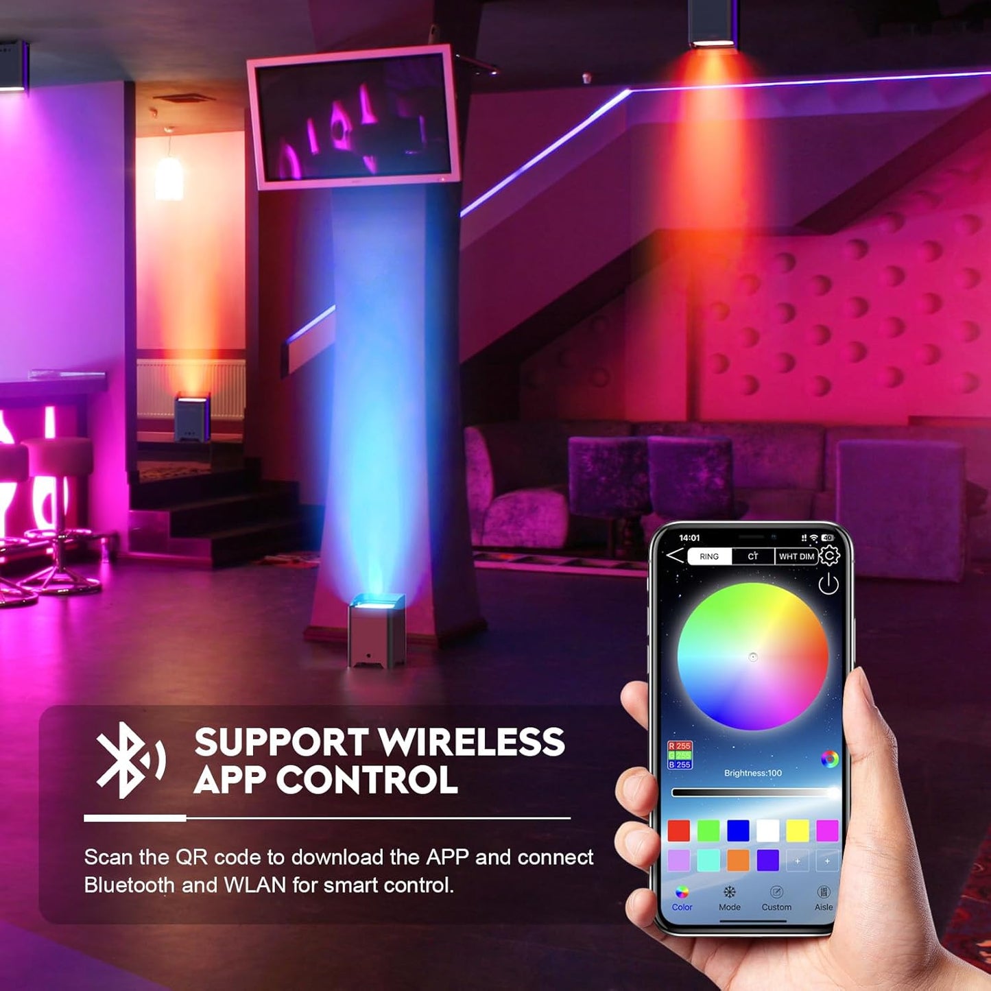 9600mAh Wireless Uplights, 6x18W RGBWA UV Stage Lights, APP/DMX512 Controlled Par Lights, Rechargeable Battery Powered Uplights for Show, 4 Pcs with Bag