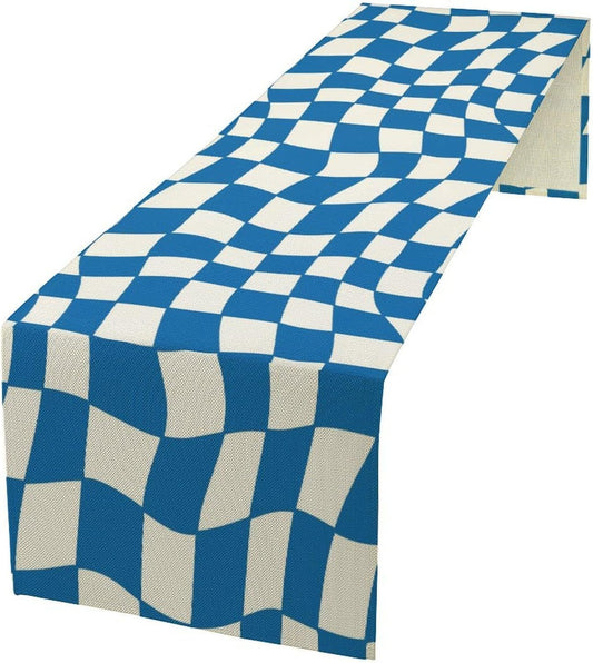 Table Flag Retro Plaid 60s70s Blue Plaid Table Flag Kitchen Restaurant Decoration Suitable for Indoor and Outdoor Festival Home Wedding Party Table Flag 13x70