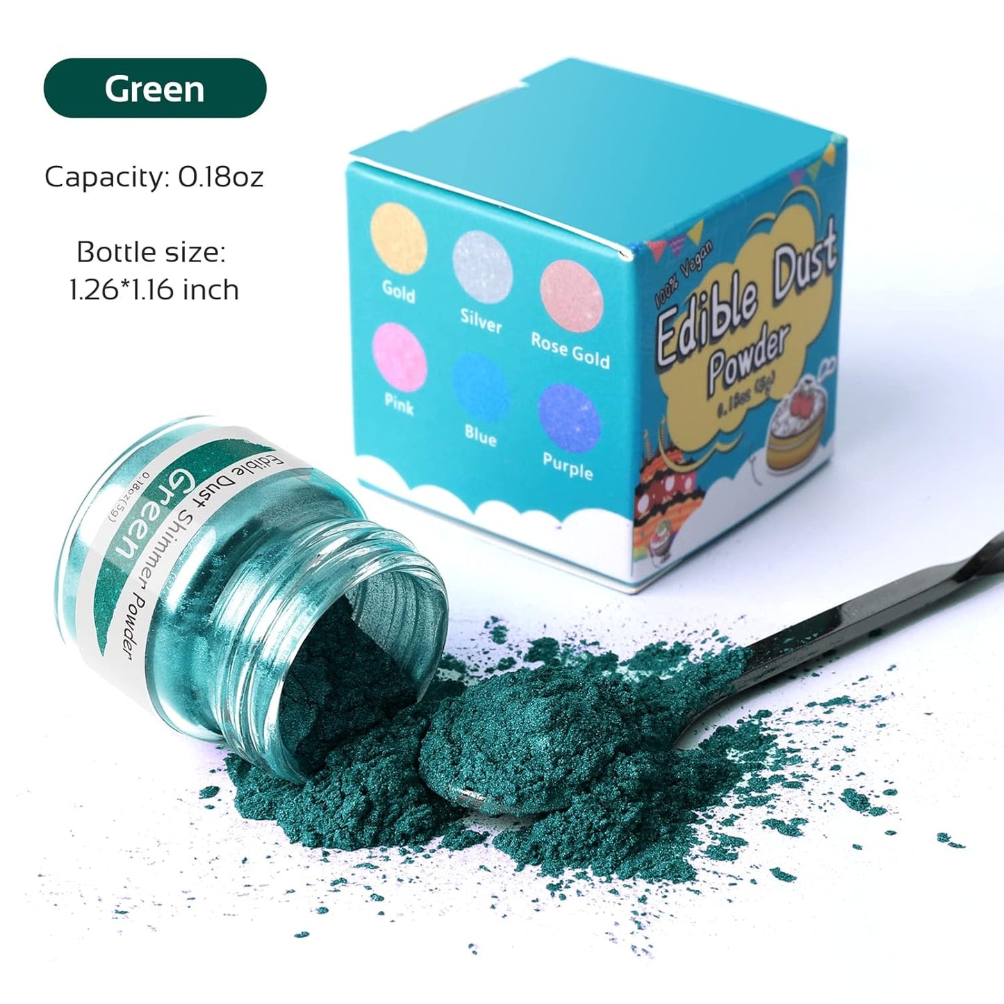 Jelife Green Edible Luster Dust - 5 Grams Food Grade Cake Dust Shimmer Powdered, Edible Metallic Powder Food Coloring for Cake Decorating, Chocolates, Fondant, Drinks, Painting & More, Vegan