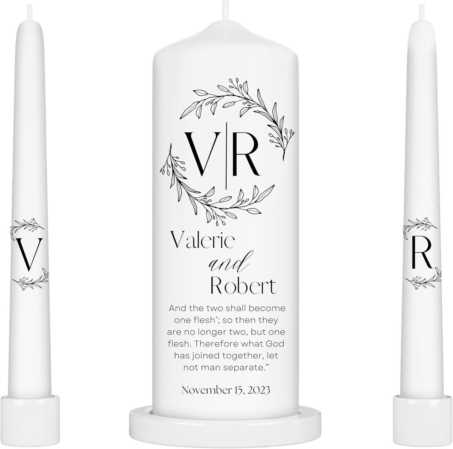Unity Candles for Wedding, Modern Unity Set, Custom and Personalized Pillar and Taper Candles with Bible Quote, Unscented White Premium Wax, Religious and Wedding Ceremony, Special Events (Black)