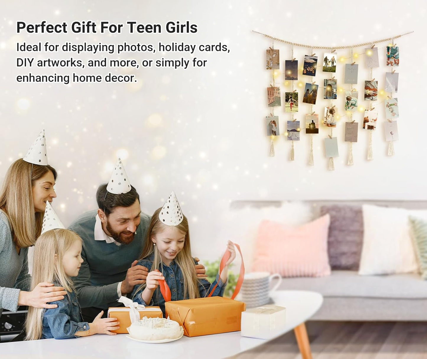 Mkono Macrame Hanging Photo Display Wall Decor with String Lights, Boho Wooden Beads Garland Collage Picture Card Frame Holder with 45 Clips for Bedroom Living Room Dorm, Teen Girls Christmas Gifts