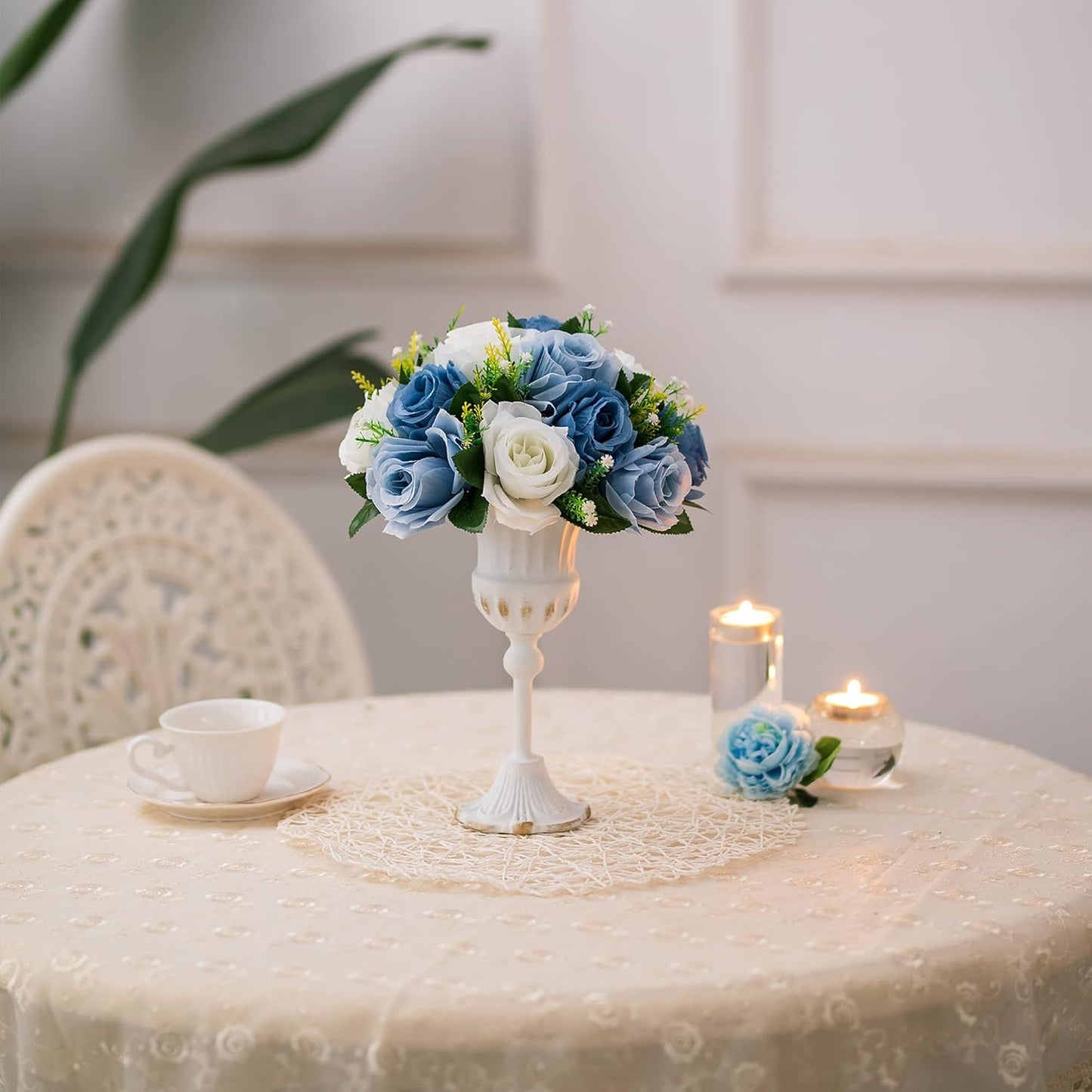 BLOSMON Flower Ball Centerpieces for Table 10 Pcs Fake Rose Centerpiece Flowers Dusty Blue Artificial Silk Floral Arrangement Center Piece Kissing Bouquet for Wedding Party Home Decor