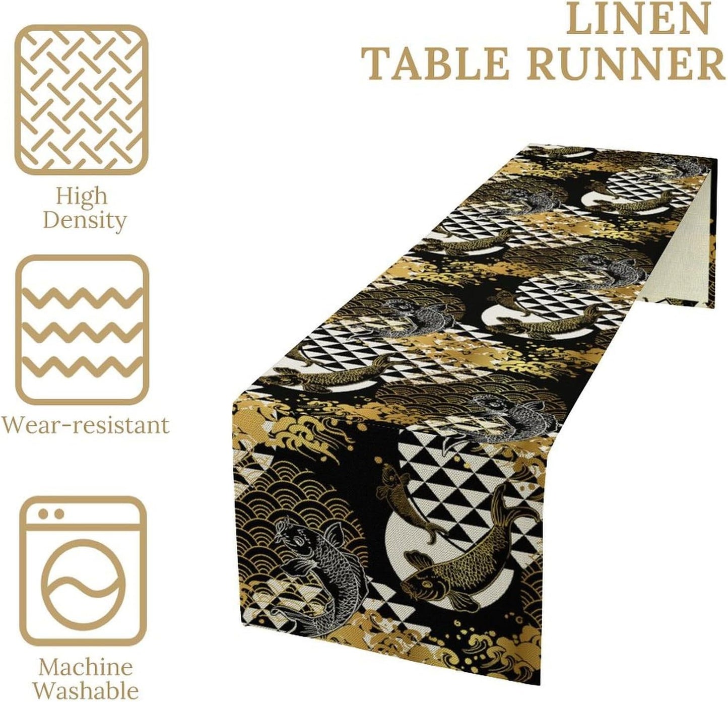 Japanese Table Runner Oriental Tradition Kio Fish Gold Art Printed Burlap Runner Home Kitchen Dining Table Living Room Decor Fabric 1 Panel W13xL60in