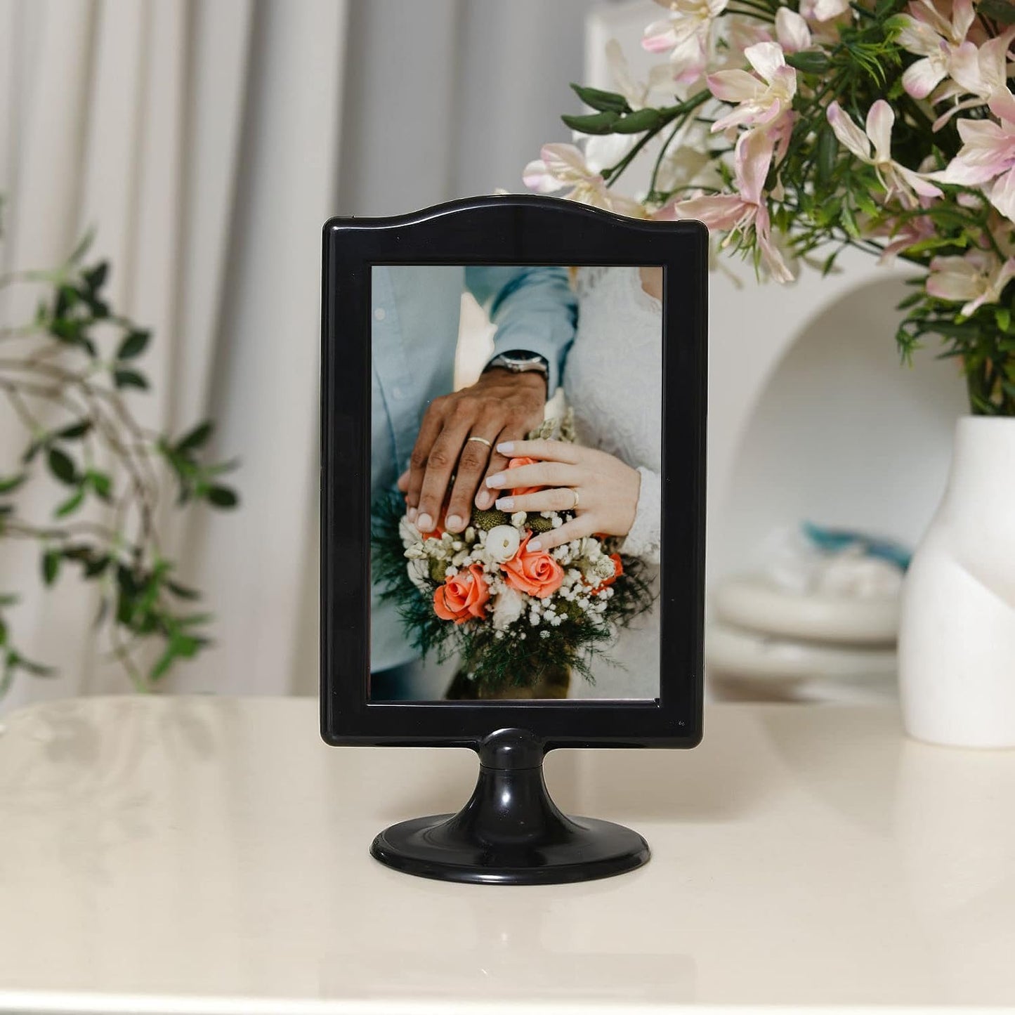 NahNah Double Sided Standing Picture Frames - (Black, 8 Count) 4x6 Inch, Plastic Pedestal Photo Frame with Inserts and Base - 2 Sided Tabletop Vertical Display Frame for Wedding Table Bridal