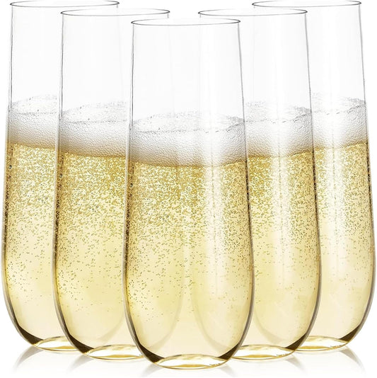 Prestee 24 Plastic Champagne Flutes - 9oz Heavy Duty Stemless Champagne Glasses for Parties - Disposable Clear Plastic Toasting Glasses, Mimosa Glass for New Year’s Eve Party Supplies
