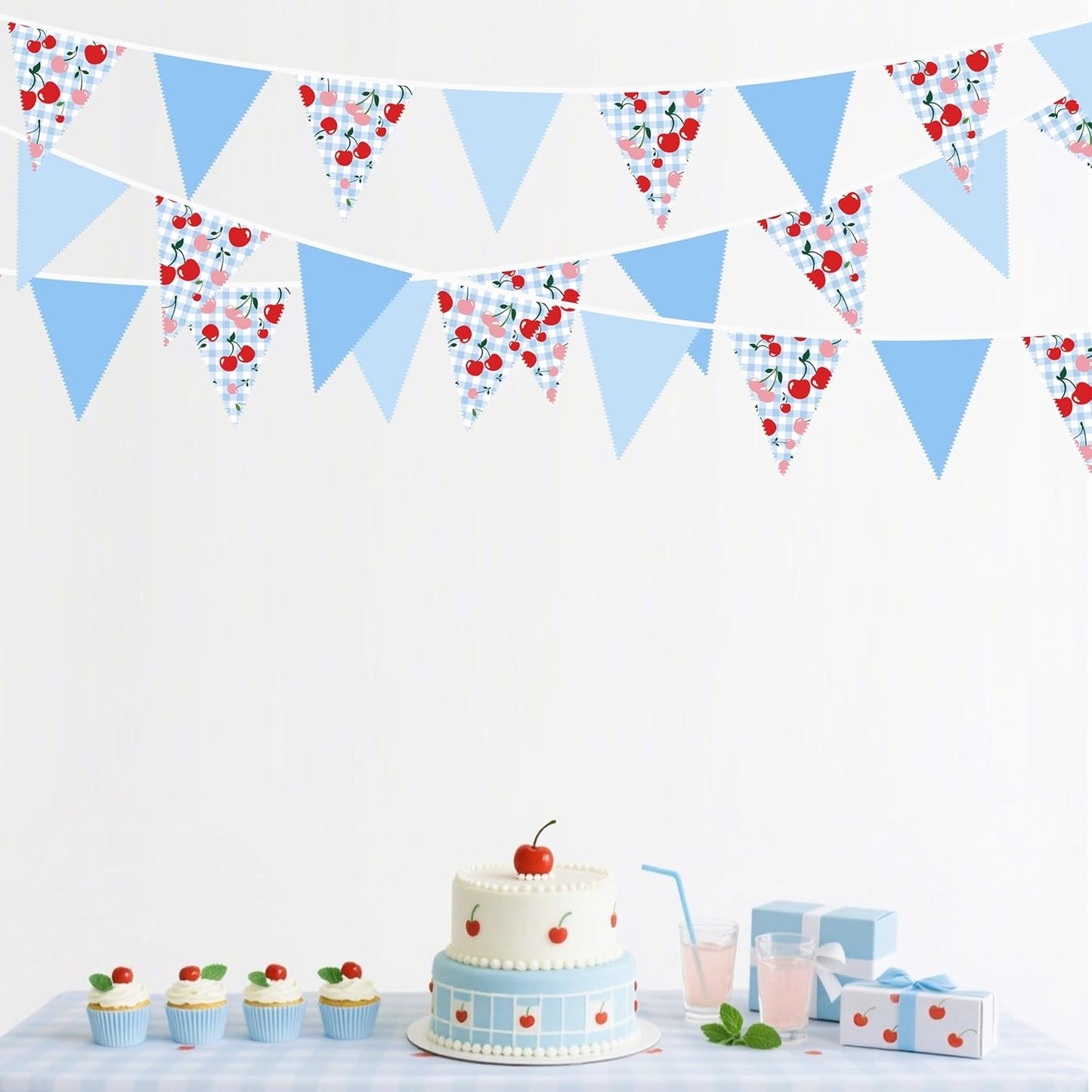 32Ft Blue Gingham Cheery Pennant Banner Fabric Triangle Flag Garland Streamers Party Decorations for Ma Cherie Baby Shower Cherry on Top Bachelorette Fruit Birthday Picnic Spring Garden Supplies