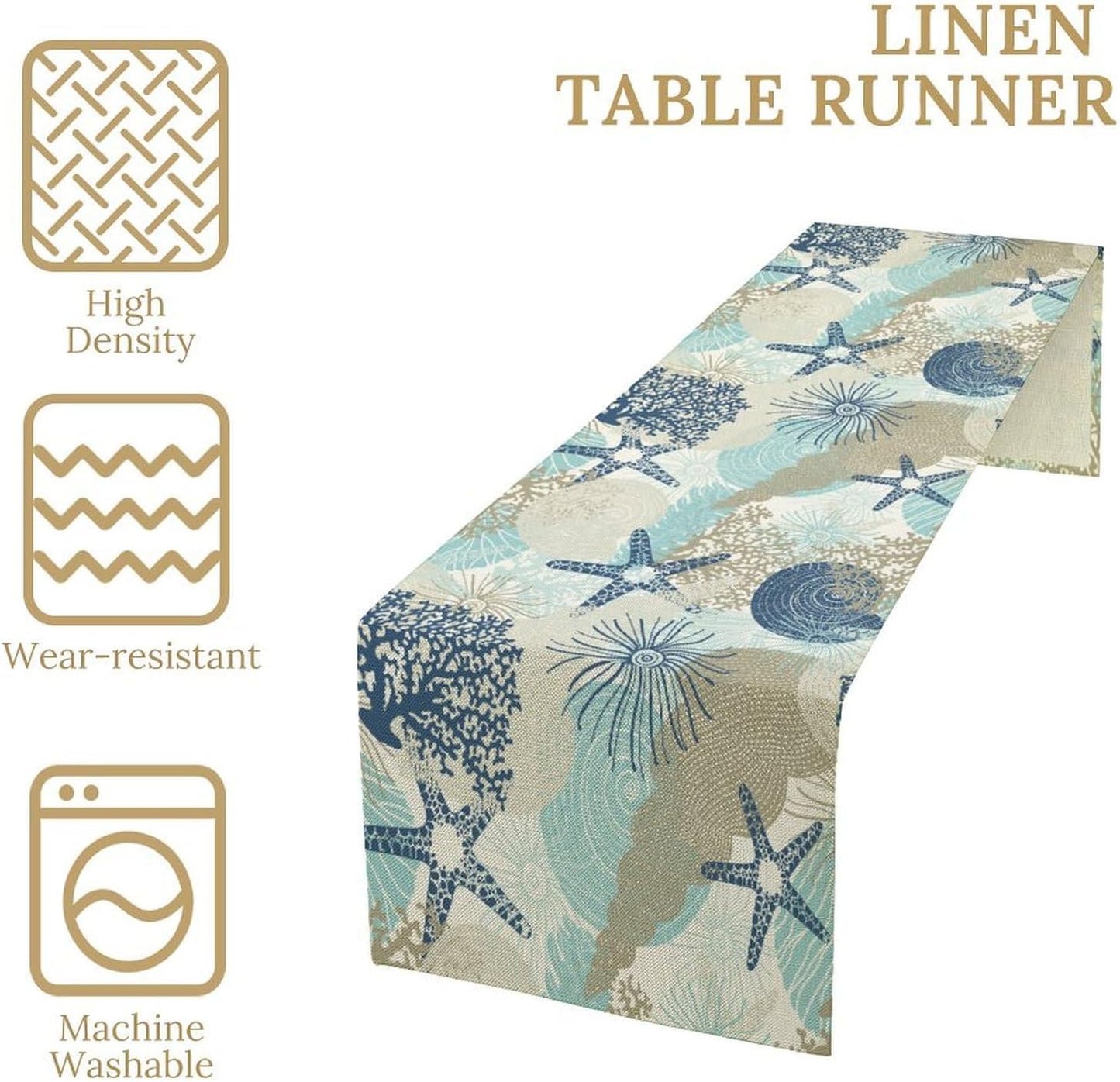 Nautical Coastal Table Runner，Ocean Themed Starfish Coral Conch Beach Kitchen Dinning Table Decoration for Indoor Outdoor Home Party Decor 13x60 Inch