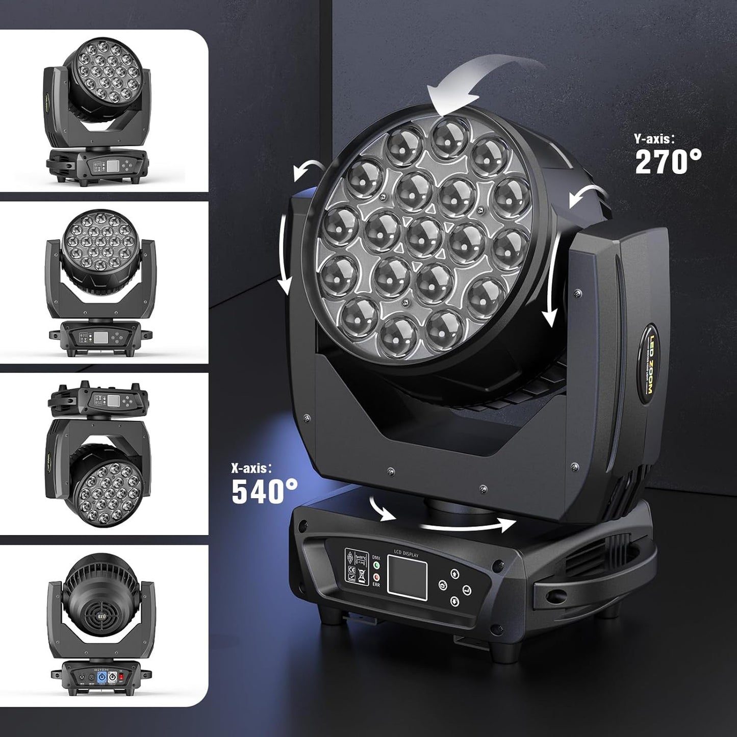 19x10W Moving Head Light Focusing/Beam/Wash/Zoom Effect Stage Lights 4-in-1 LED DMX512 & Sound Activated Control for DJ Disco Nightclub KTV Bar Theater Shopping Mall (6 PCS