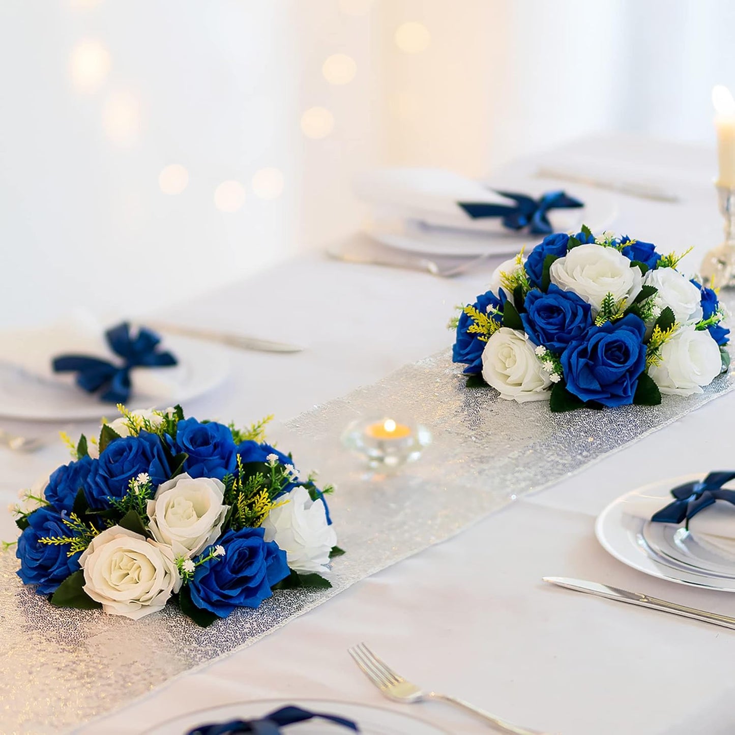 BLOSMON Royal Blue Artificial Flowers: 6 Pcs Fake Roses Flower Ball Centerpieces for Wedding Dinning Table - Faux Silk Kissing Bouquet Floral Arrangement for Home Party Event Decor