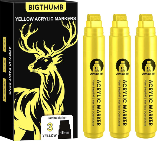3 Pcs Yellow Jumbo Permanent Markers: 15mm Wide Tip Thick Acrylic Paint Pen Large Calligraphy Marker for Rock Painting, Poster, Sign, Canvas, Glass, Wood, Ceramic