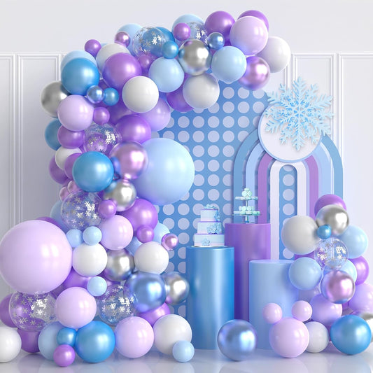 Blue Purple Balloons Garland Arch Kit, 124pcs Blue Purple Silver Snowflake Confetti Latex Balloons Arch for Birthday, Baby Shower, Winter Wonderland Snow Theme Party Decoration