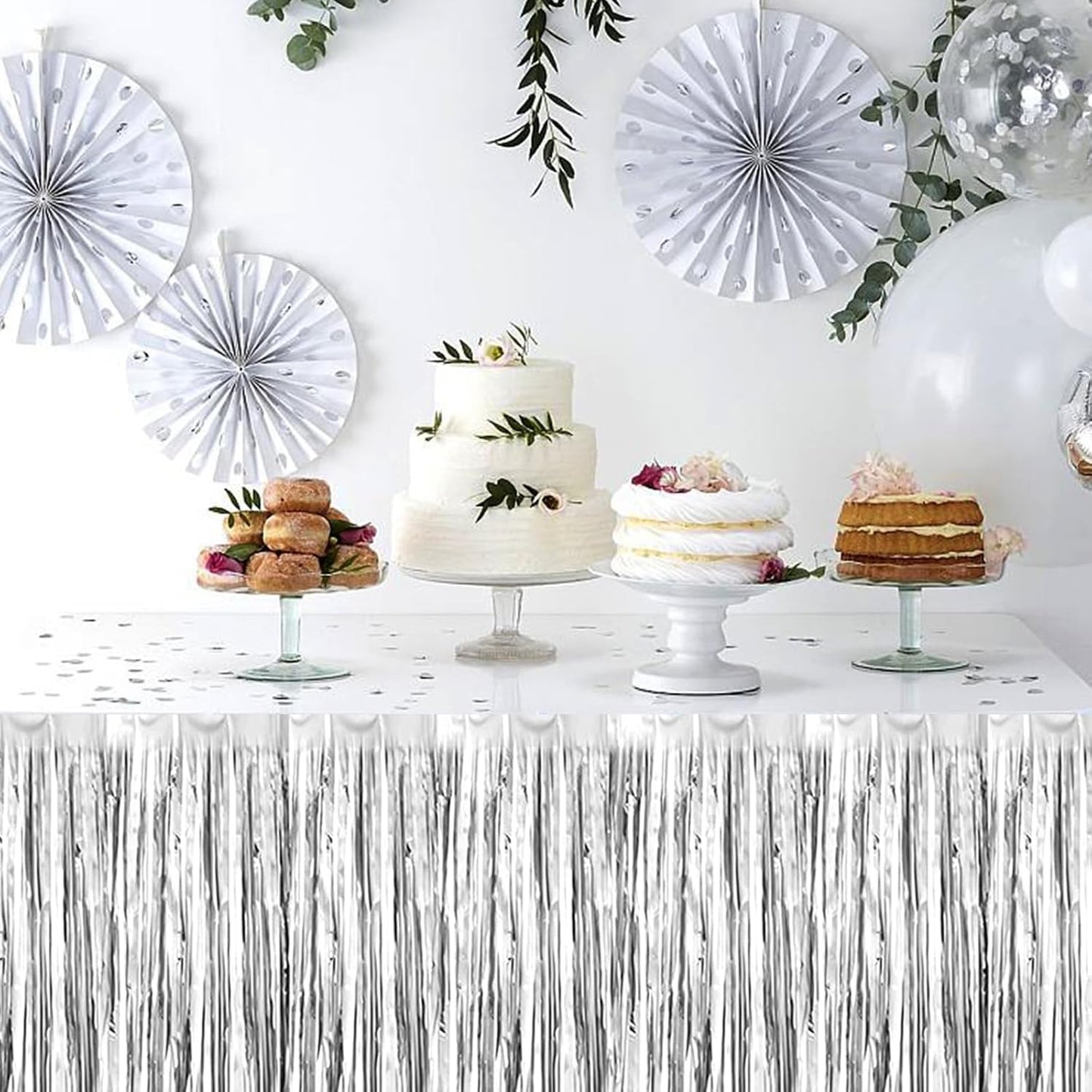 3 Pack 29 x108 Inch Silver Foil Fringe Table Skirts Metallic Banner for Tinsel Streamer Garland Backdrop for Parade Floats Wedding Thanksgiving Birthday Christmas Halloween New Year Party Decoration