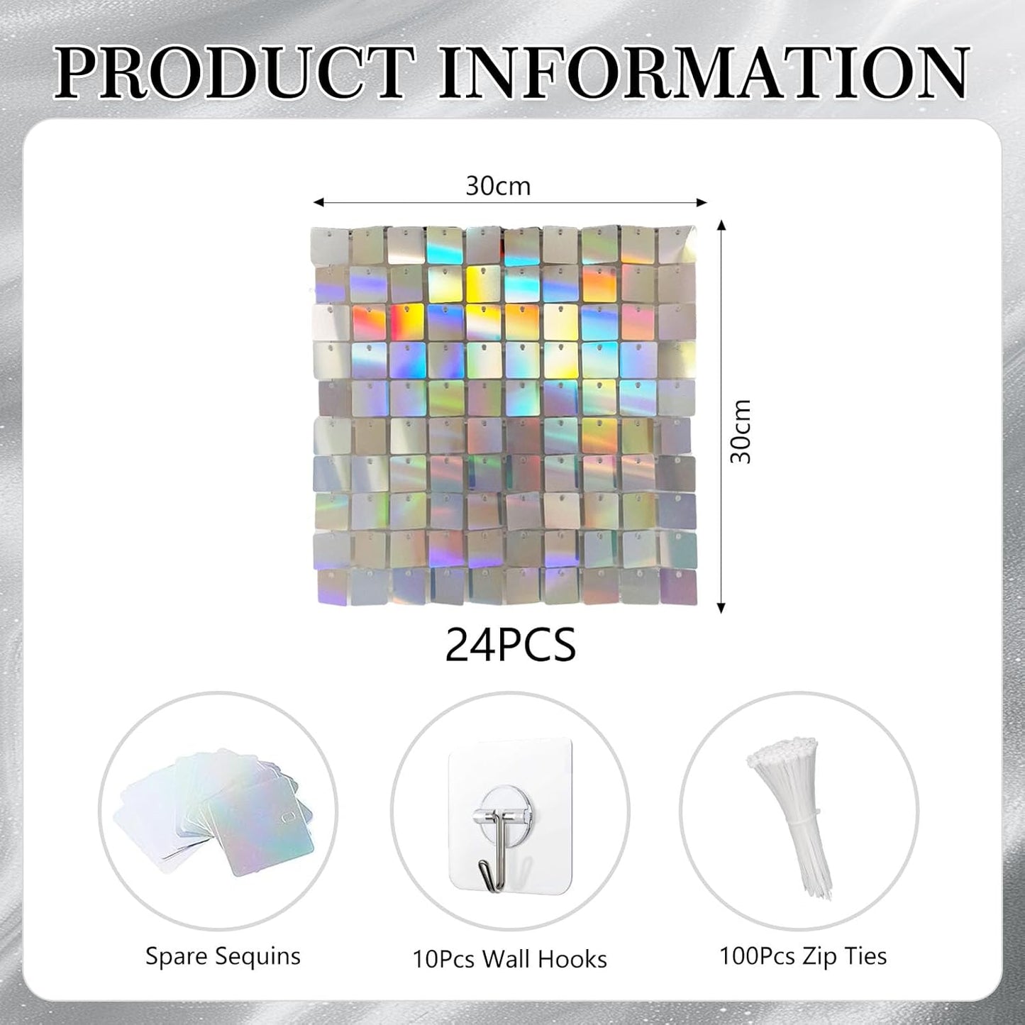 24PCS Colorful Shimmer Wall Backdrop, Square Sequin Backdrops Panel, Glitter Wall Background for Birthdays, Weddings, Graduation, Engagements, Disco Bachelorette Party Decoration (4FTx6FT)