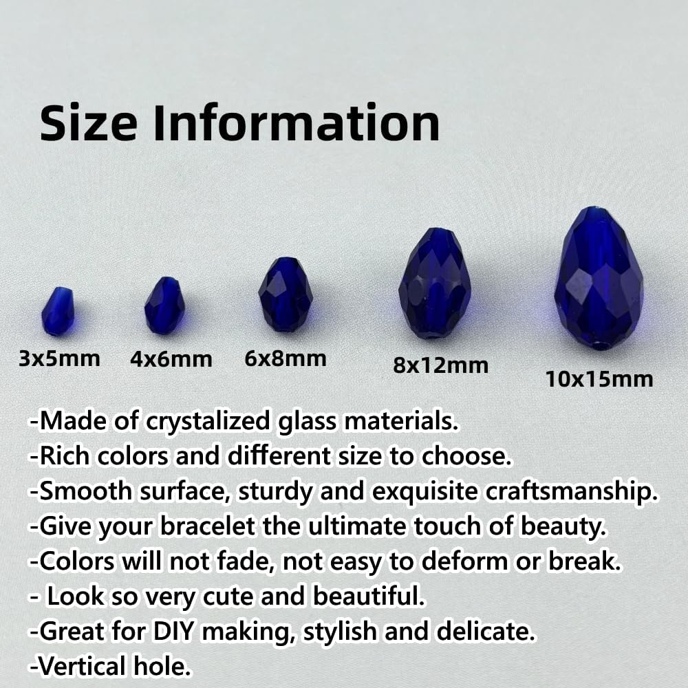 100pcs 8x12mm Teardrop Crystal Glass Beads for Jewelry Making, Faceted Vertical Hole Teardrop Glass Spacer Beads for Wind Chimes Bracelet Earring Necklace DIY Craft(Dark Blue)
