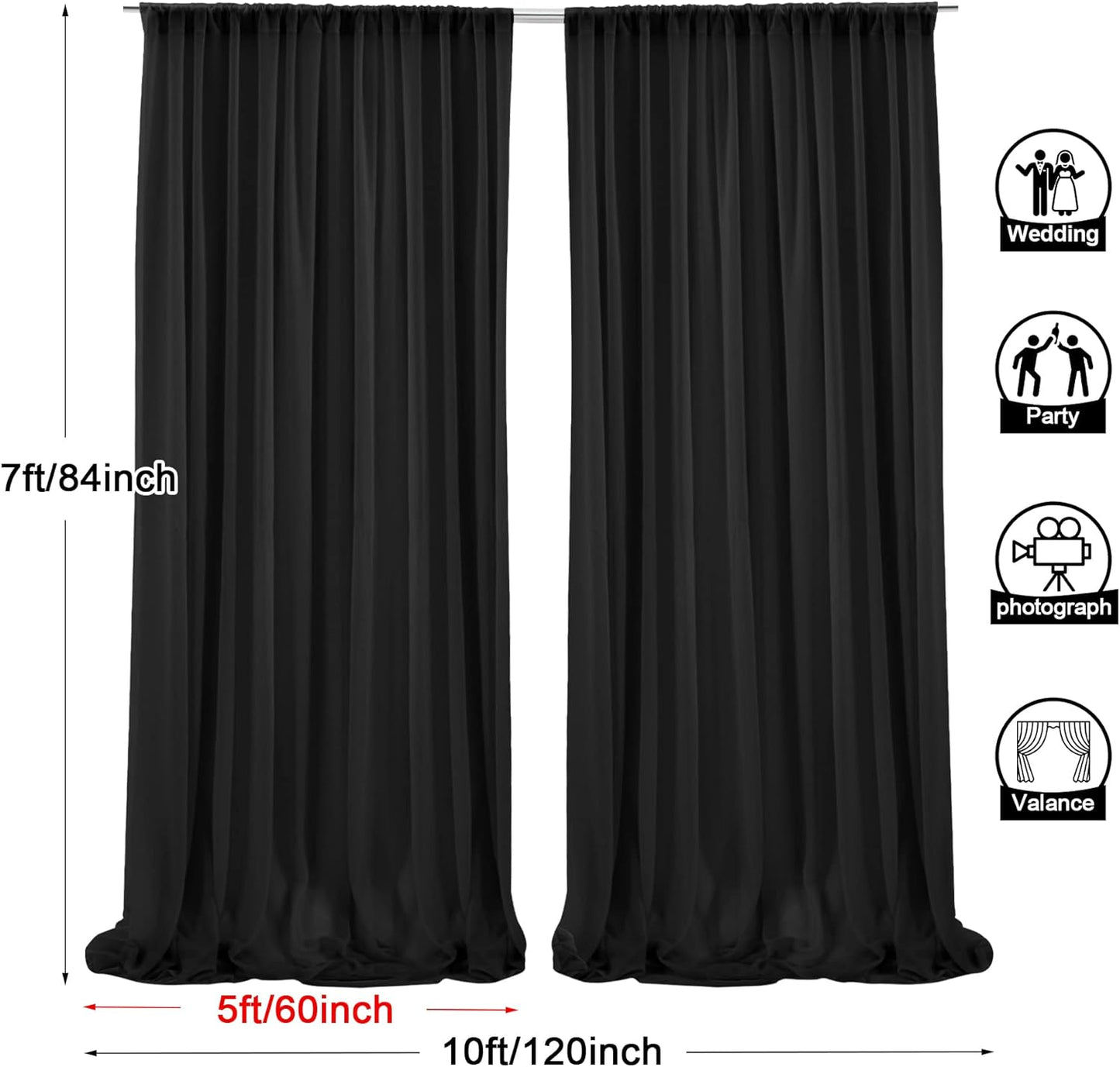 PARTISKY 10ftx7ft Black Chiffon Backdrop Curtains, Wrinkle-Free Sheer Fabric Photo Drapes for Wedding Ceremony Arch Birthday Baby Shower Photography Stage Decor 5ft x 7ft, 2 Panel