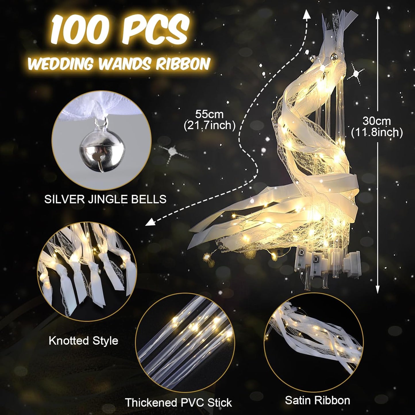 100PCS Light up Wands for wedding, Wedding Wands Streamers with 3 Colorful Flashing Modes, Fairy Wands, LED Silk Fairy Wand with Bells for Wedding, New Year, Thanksgiving, Concert