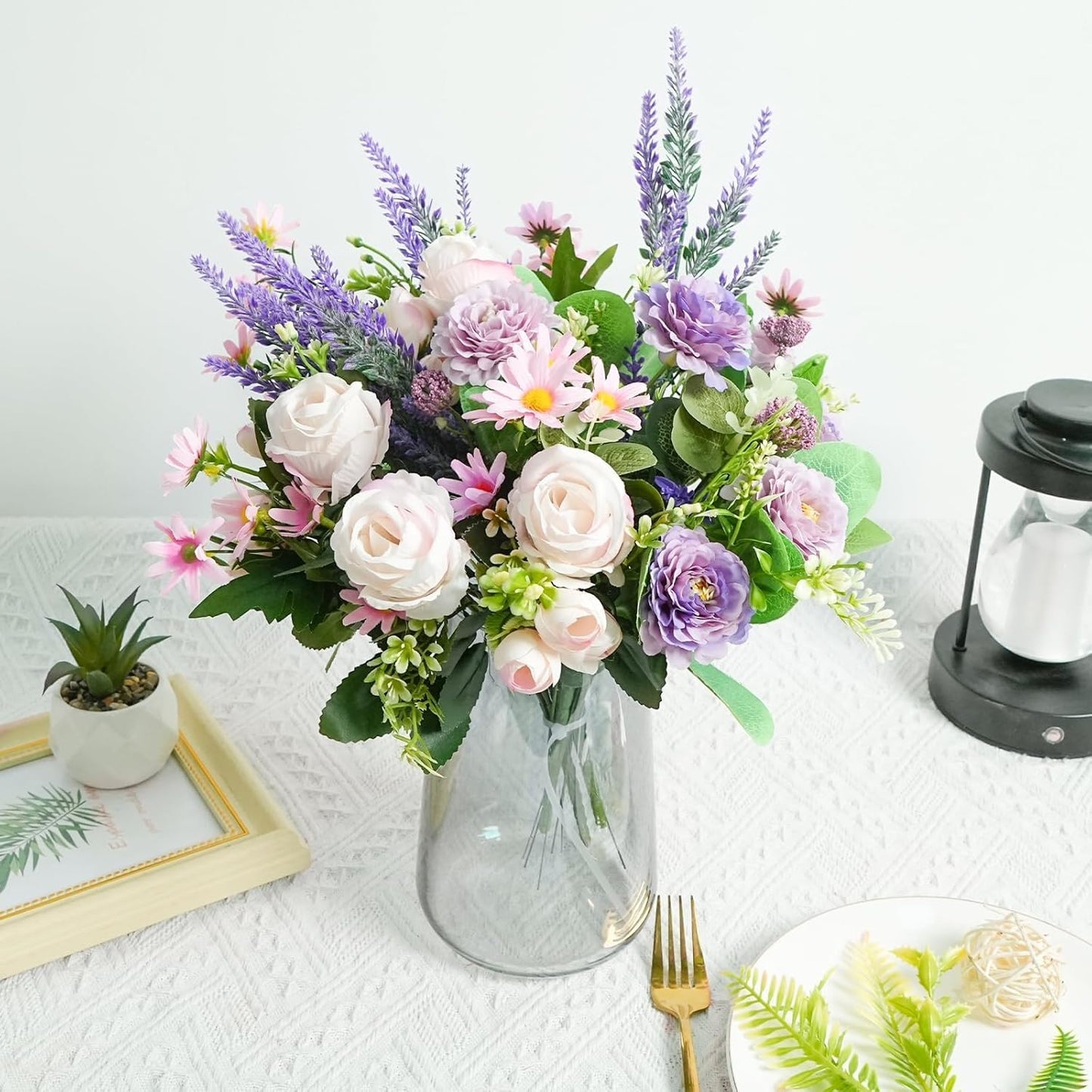 Fake Flowers Purple Artificial Silk Flower Bouquet Faux Flowers for Vase with Rose Peony Daisy for Home Wedding Baby Shower Bridal Bouquets Table Centerpieces Party Fathers Day Decorations