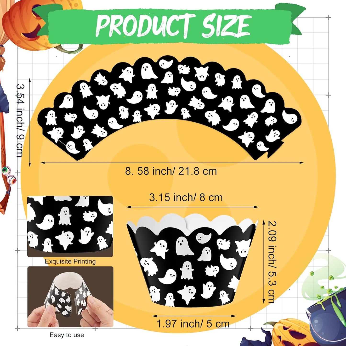 Domensi 100 Pcs Halloween Ghost Cupcake Wrappers Cupcake Liners Ghost Baking Cups Baking Liners for Wedding Bridal Baby Shower Birthday Halloween Party Supplies Dessert Decoration