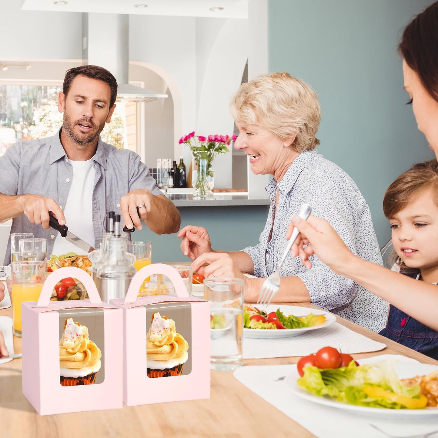 JCD Pink 70packs Cupcakes Containers with Insert Window and Handle,single Cupcake Holders box, Portable Cupcake Carriers for Bakery Wedding Party Favor(Pink/70Pcs)