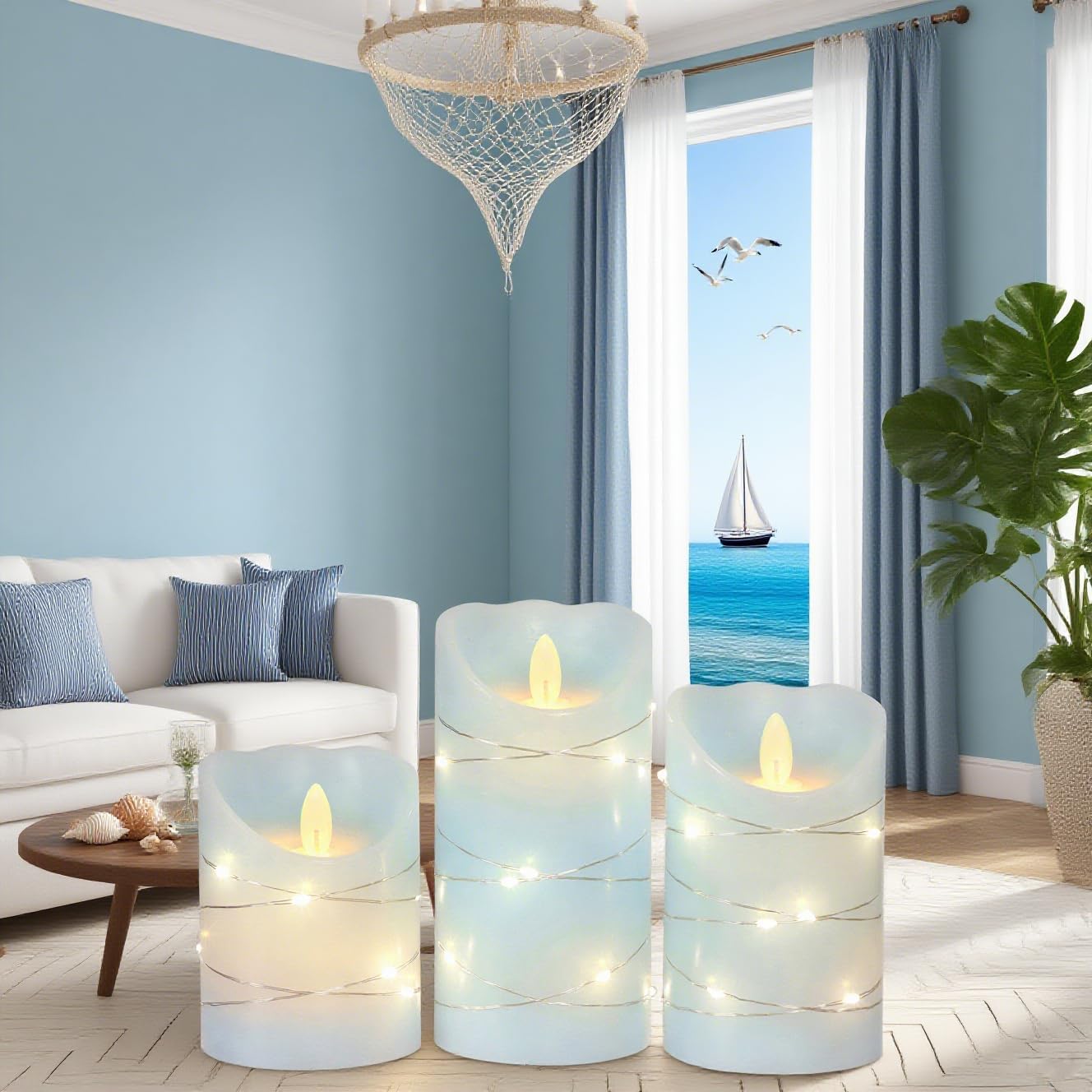 Silverstro Nautical Flameless Candles with String Lights Flickering Blue Battery Operated Candles with Remote Control & Timer - Home Farmhouse Holiday Ocean Decor - Set of 3