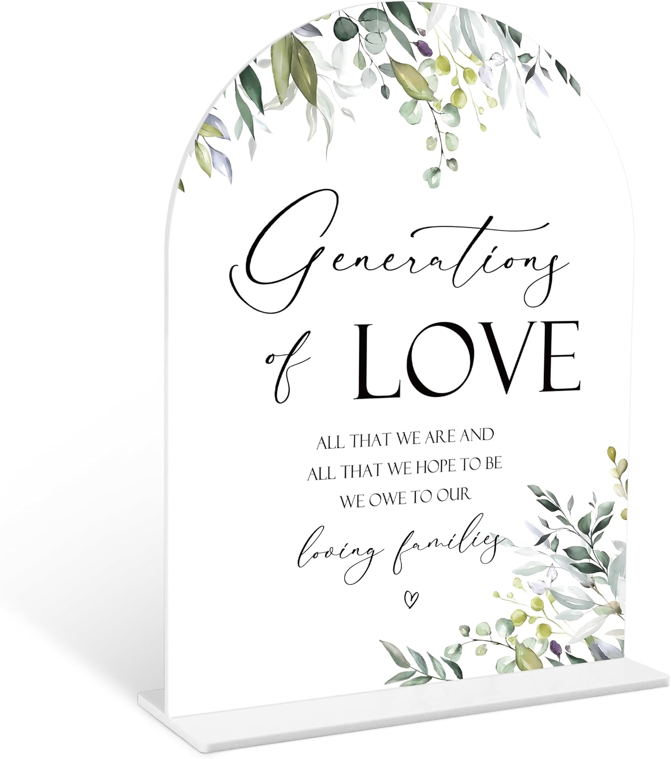 Greenery Generations Of Love Sign, 6 x 8 Inch White Arch Acrylic Wedding Sign with Holder, Wedding Sign for Ceremony and Reception, Wedding Decoration, Wedding Supplies - LY16