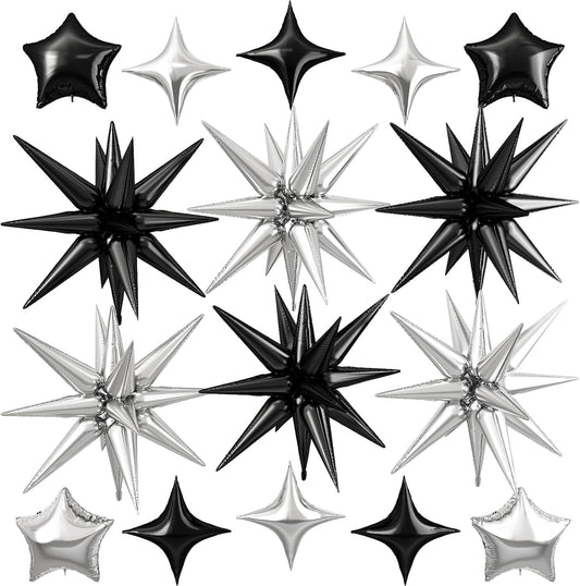 Black Silver Star Balloon,16Pcs Star Foil Balloons Set with 22Inch Explosion Spike Cone Balloons and 10Inch Quadrangle Helium Balloon for Birthday Wedding Baby Shower Party Decorations