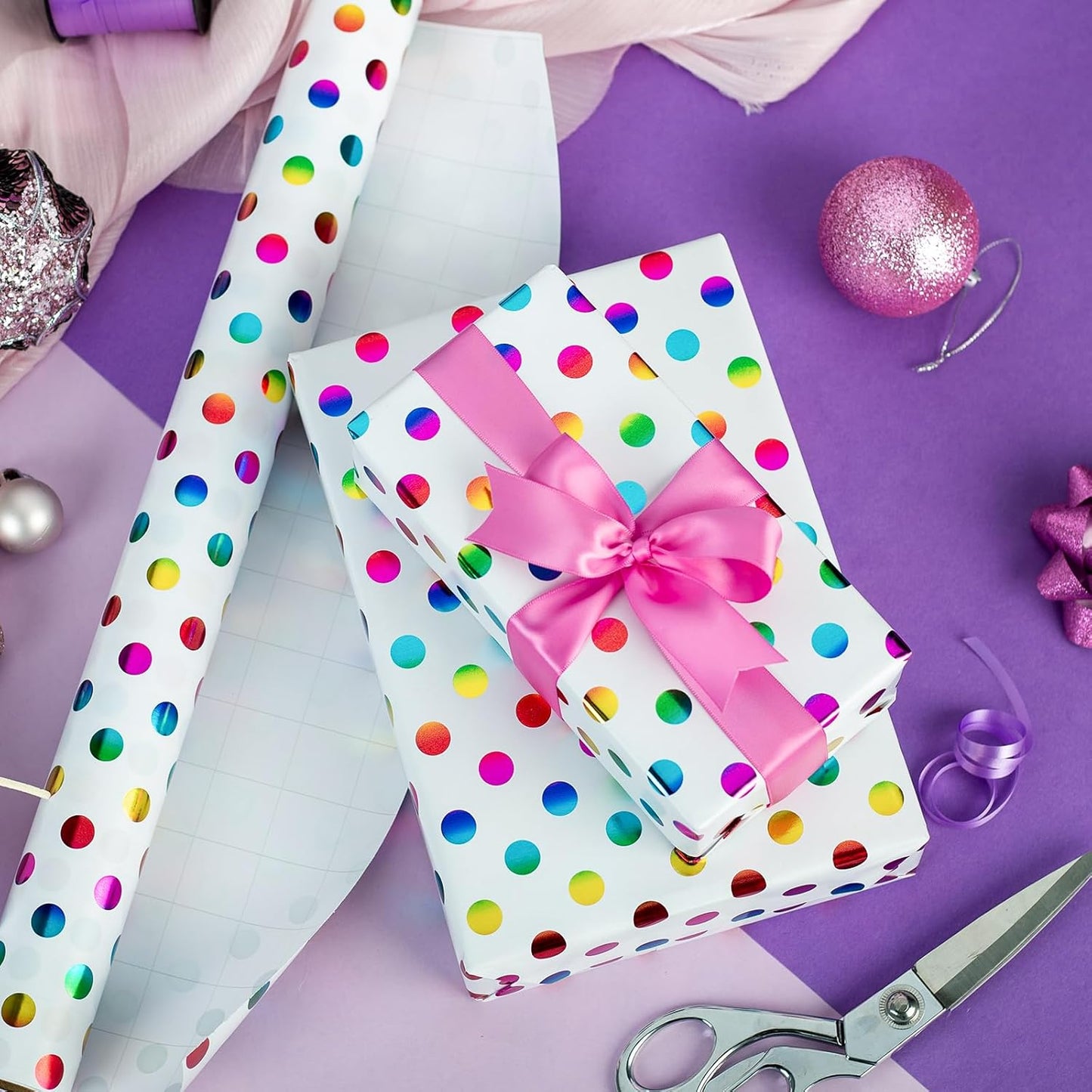 Burymento Rainbow Dots Wrapping Paper, Gift Wrap for Birthday, Valentines, Mothers day, Graduation, Wedding, Fathers day, Baby Shower, Christmas (17in x 32.8ft)