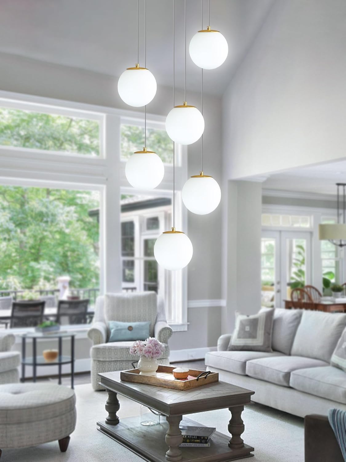 H 87in Globe Pendant Light 6-Lights Modern Hanging Chandelier for Kitchen Island Mid Century Globe Chandelier Milk White Glass Pendant Lighting for Living Room Bedroom Entryway