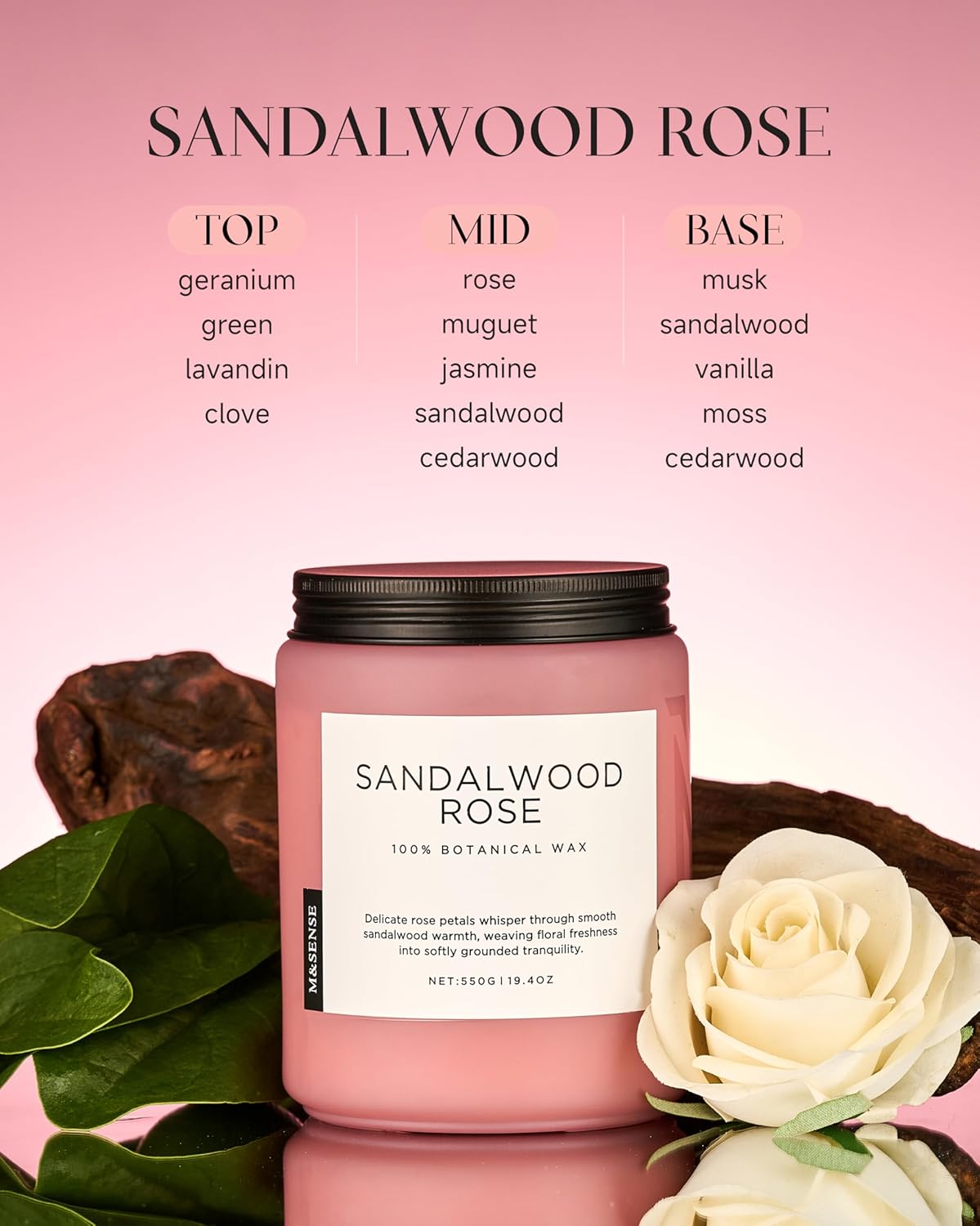 M&SENSE Sandalwood Rose Scented Candle 19.4oz 110 Hours Long Lasting Burn Natural Soy Wax Strong Scented Candle for Home, 2 Wick Home Fragrance Slow Burning Housewarming Gifts for Men Women