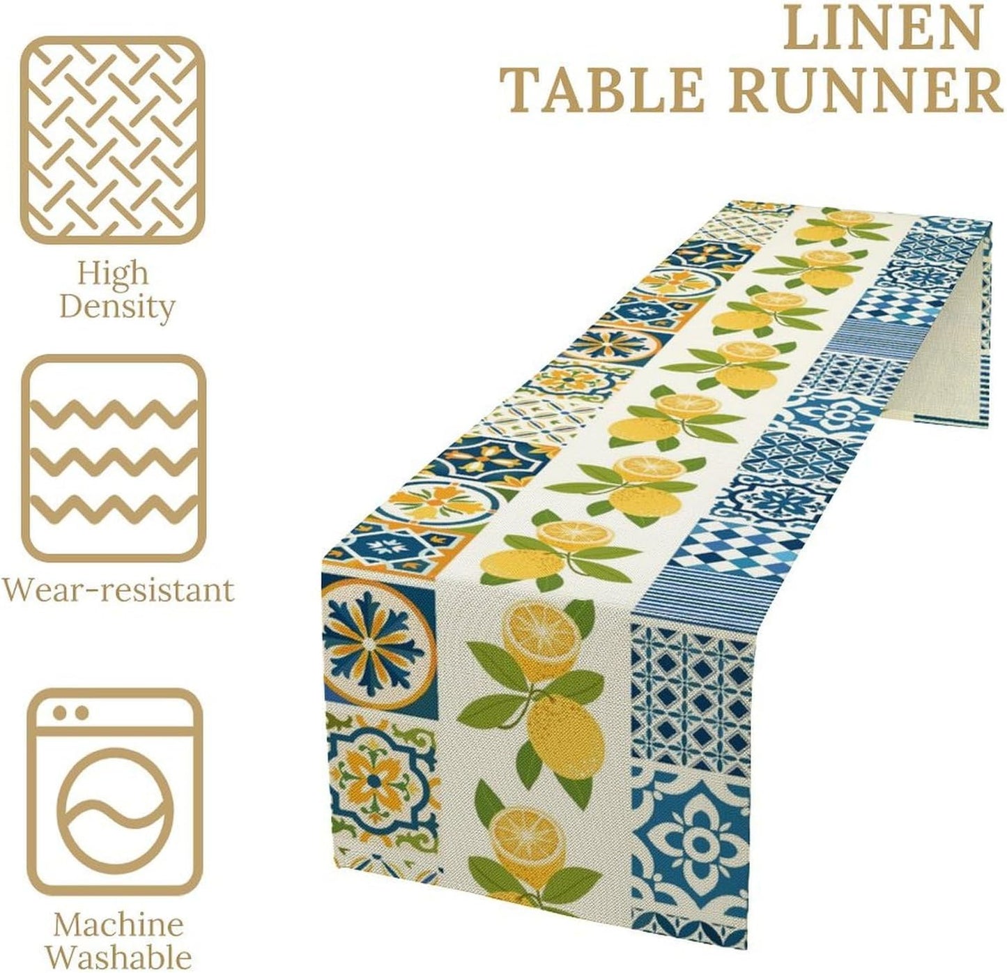 Lemon Table Runner,Watercolor Blue Fruits Green Leaves Print Table Cloth Kitchen Dining Table Home Party Decoration 13x36 Inch