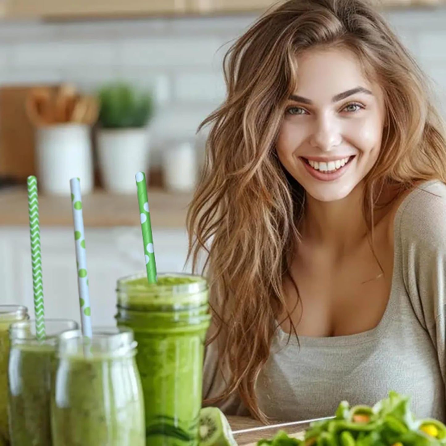 YAOSHENG [100 Pack] Pink & Gold Paper Straws Disposable, 100% Biodegradable Multi-Pattern Party Straws For Birthday, Wedding and Holiday Decoration (Bright Green Series)