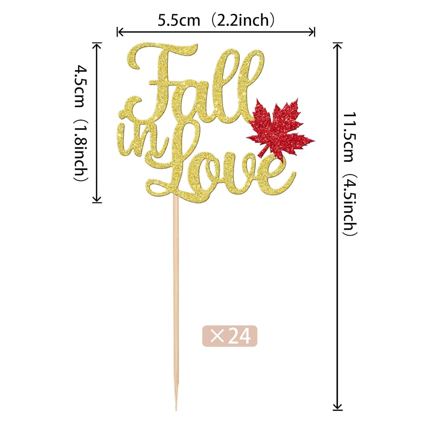 24 PCS Fall in Love Cupcake Toppers Glitter Maple Leaf Fall Theme Bridal Shower Cupcake Picks Wedding Engagement Cake Decorations for Autumn Wedding Anniversary Bridal Shower Party Supplies Gold